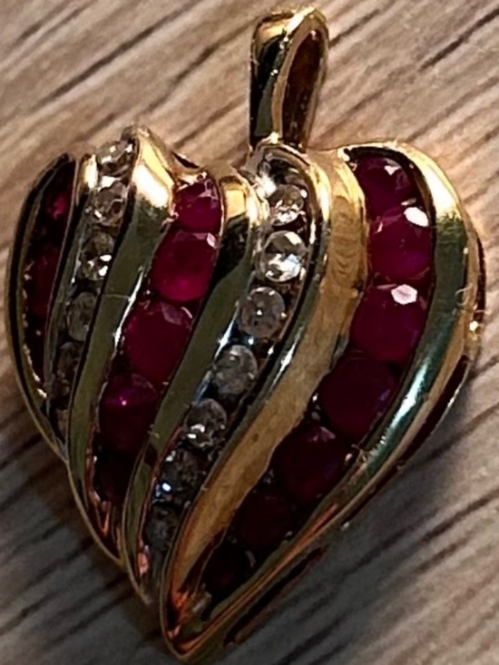 Jewelry - SUPERB Vintage 14K Ruby & Diamond HEART Drop Pendant!